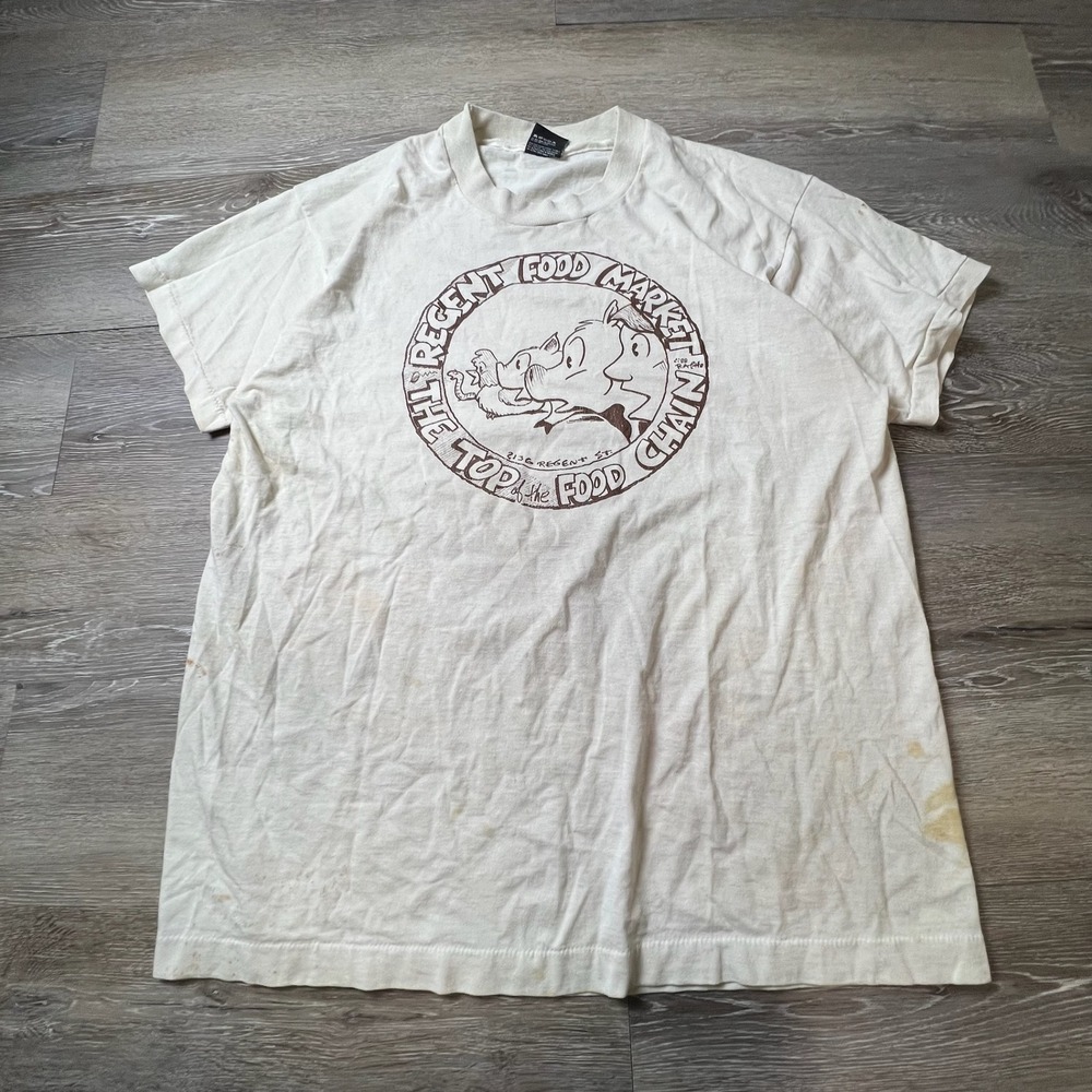 Screen Stars T-Shirt Mens XL White Regent Food Market‎ Vintage 80s Thrashed USA